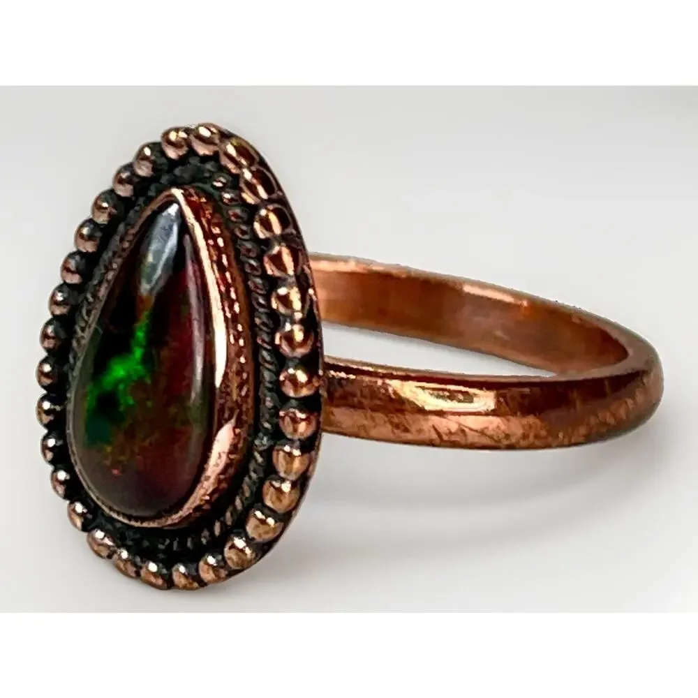 Southwestern Copper Aurora Opal Teardrop Ring Handmade Adjustable Size NEW